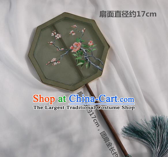 China Handmade Green Silk Octagon Fan Traditional Hanfu Dance Fan Classical Embroidered Palace Fan