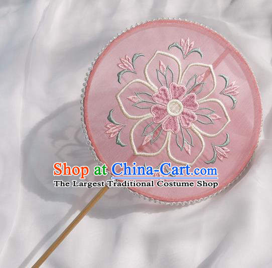 China Handmade Pink Silk Circular Fan Traditional Tang Dynasty Hanfu Fan Ancient Princess Embroidered Palace Fan