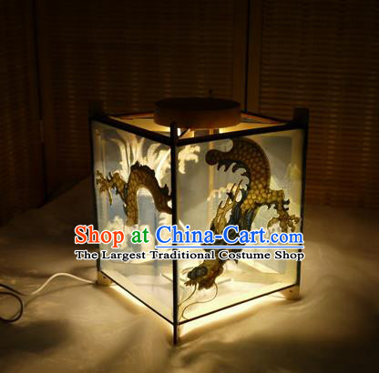 China Handmade Embroidered Dragon Lamp Traditional Spring Festival Desk Lantern Classical Blue Cloth Palace Lantern