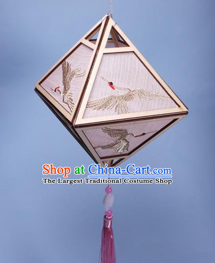 China Traditional Spring Festival Lanterns Handmade Embroidered Crane Portable Lamp Classical Rhombus Palace Lantern