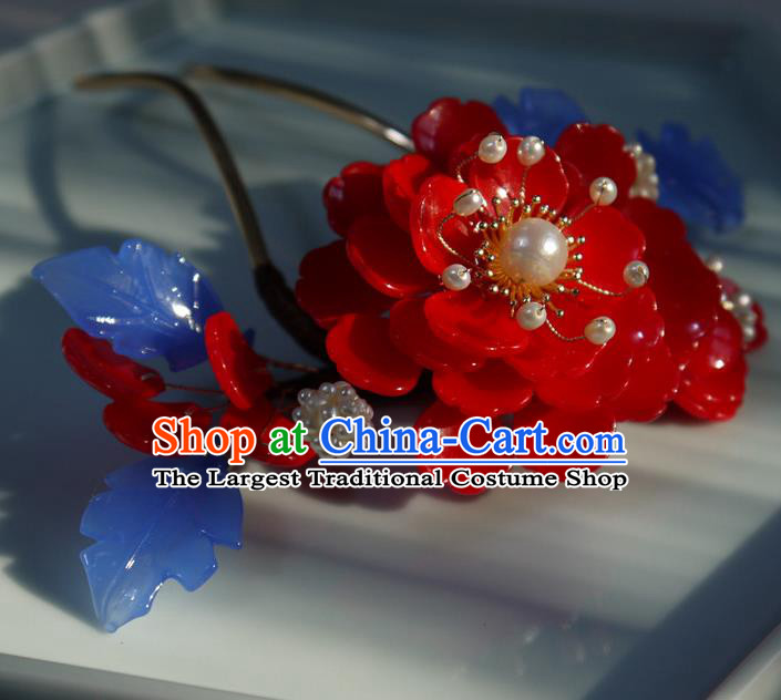 China Ming Dynasty Hair Comb Ancient Palace Princess Red Begonia Hairpin