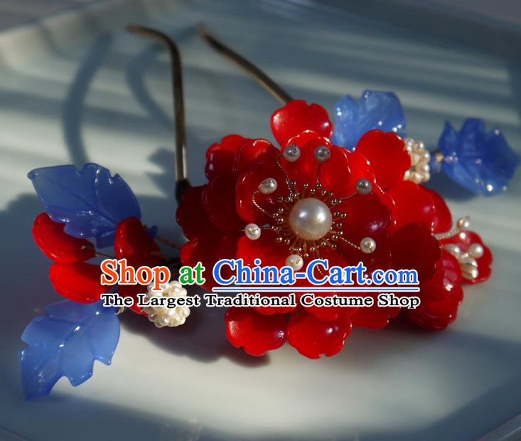 China Ming Dynasty Hair Comb Ancient Palace Princess Red Begonia Hairpin