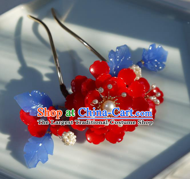 China Ming Dynasty Hair Comb Ancient Palace Princess Red Begonia Hairpin