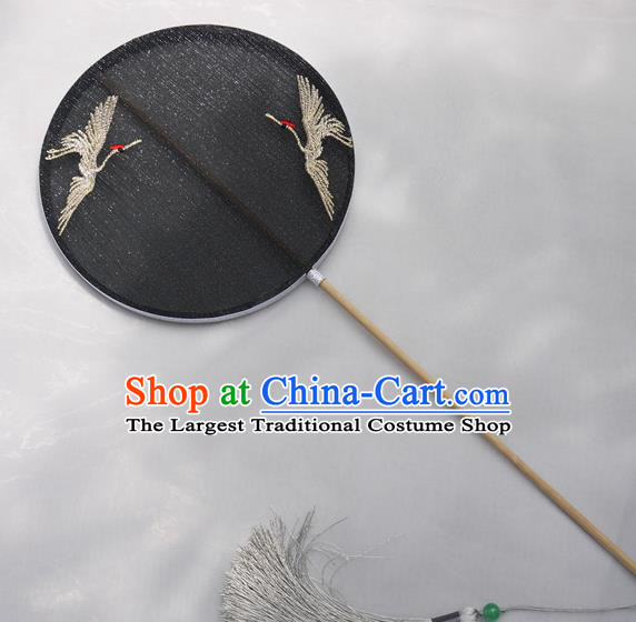 China Traditional Tang Dynasty Princess Fan Handmade Embroidered Cranes Palace Fan Classical Black Silk Circular Fan