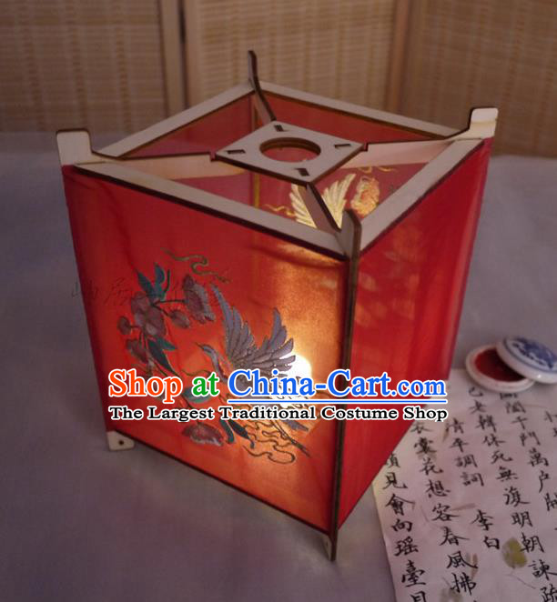 China Classical Red Palace Lantern Handmade Embroidered Crane Lamp Traditional Spring Festival Desk Lantern