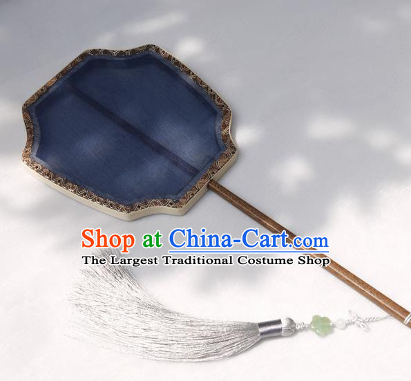 China Handmade Palace Fan Classical Peony Pattern Blue Silk Fan Traditional Hanfu Fan