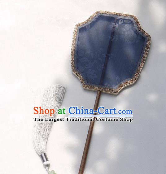 China Handmade Palace Fan Classical Peony Pattern Blue Silk Fan Traditional Hanfu Fan