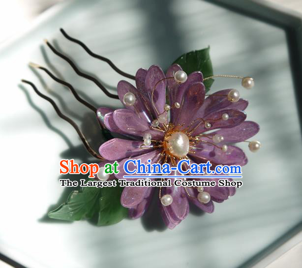 China Handmade Purple Chrysanthemum Hair Comb Traditional Hanfu Pearls Hairpin Hair Accessories
