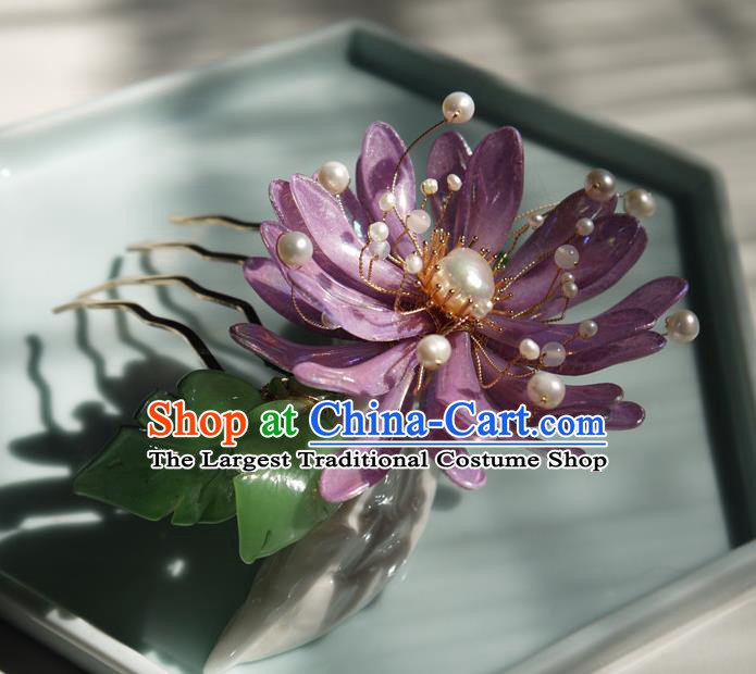 China Handmade Purple Chrysanthemum Hair Comb Traditional Hanfu Pearls Hairpin Hair Accessories