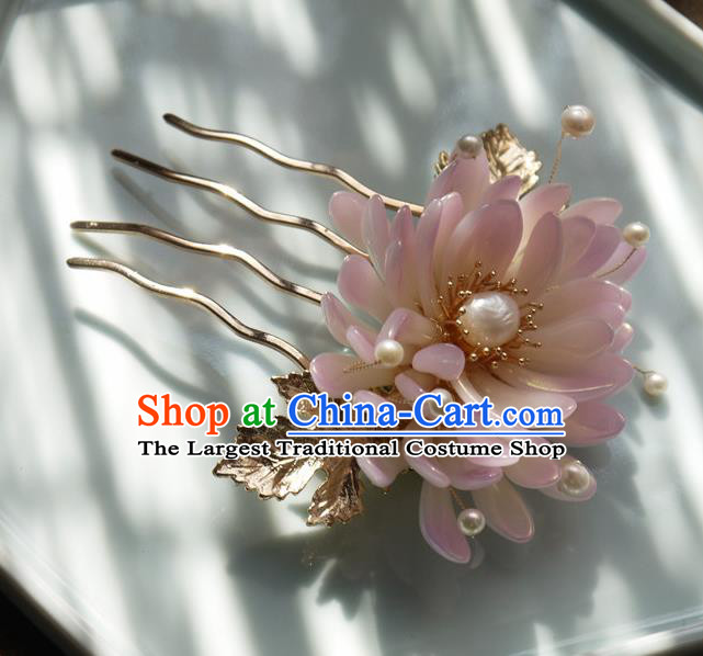 China Traditional Hair Accessories Ming Dynasty Hanfu Pearls Hairpin Handmade Ancient Princess Pink Chrysanthemum Hair Comb