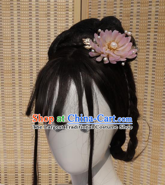 China Traditional Hair Accessories Ming Dynasty Hanfu Pearls Hairpin Handmade Ancient Princess Pink Chrysanthemum Hair Comb
