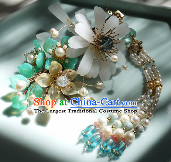 China Traditional Ming Dynasty Pearls Tassel Hairpin Handmade Ancient Princess Chrysanthemum Hair Stick