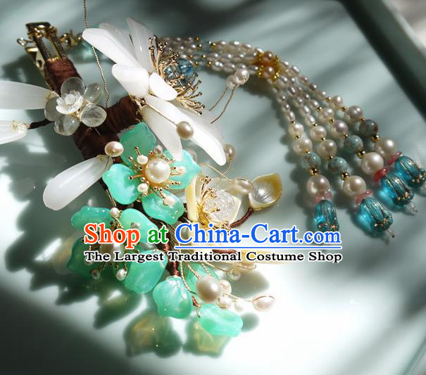 China Traditional Ming Dynasty Pearls Tassel Hairpin Handmade Ancient Princess Chrysanthemum Hair Stick