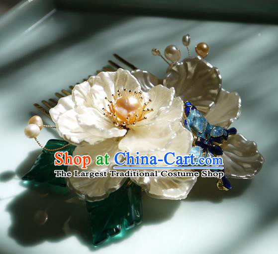 China Handmade Ancient Princess Shell Gardenia Hair Comb Traditional Ming Dynasty Pearls Hairpin