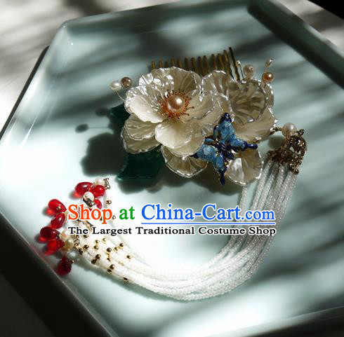 China Handmade Ancient Princess Beads Tassel Hair Comb Traditional Ming Dynasty Shell Gardenia Hairpin