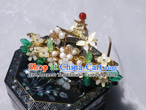 China Traditional Ming Dynasty Pearls Hairpin Handmade Ancient Princess Shell Hair Crown