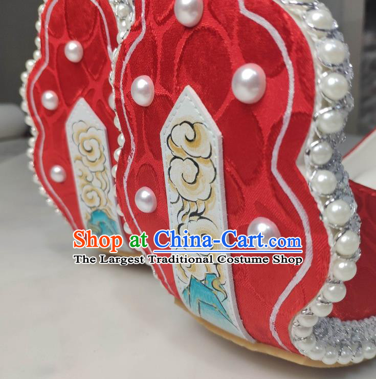 China Traditional Tang Dynasty Princess Shoes Classical Red Brocade Shoes Hanfu Pearls Shoes