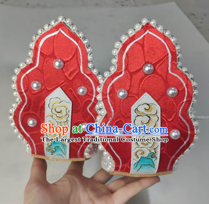 China Traditional Tang Dynasty Princess Shoes Classical Red Brocade Shoes Hanfu Pearls Shoes