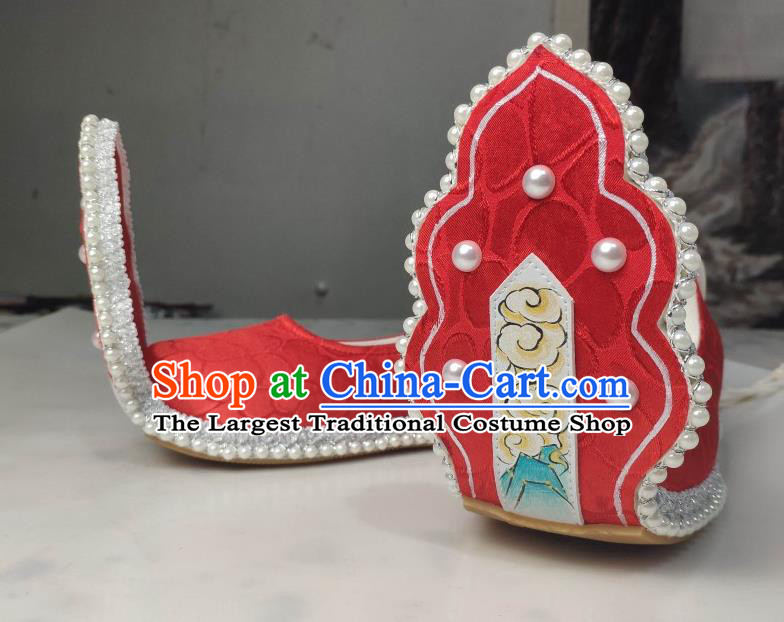 China Traditional Tang Dynasty Princess Shoes Classical Red Brocade Shoes Hanfu Pearls Shoes