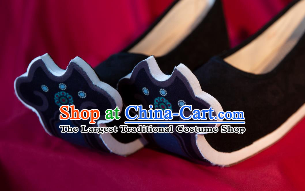 China Ancient Empress Black Cloth Shoes Traditional Tang Dynasty Princess Shoes Handmade Printing Hanfu Shoes