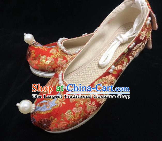 China Handmade Wedding Red Brocade Shoes Hanfu Shoes Traditional Ancient Ming Dynasty Princess Shoes