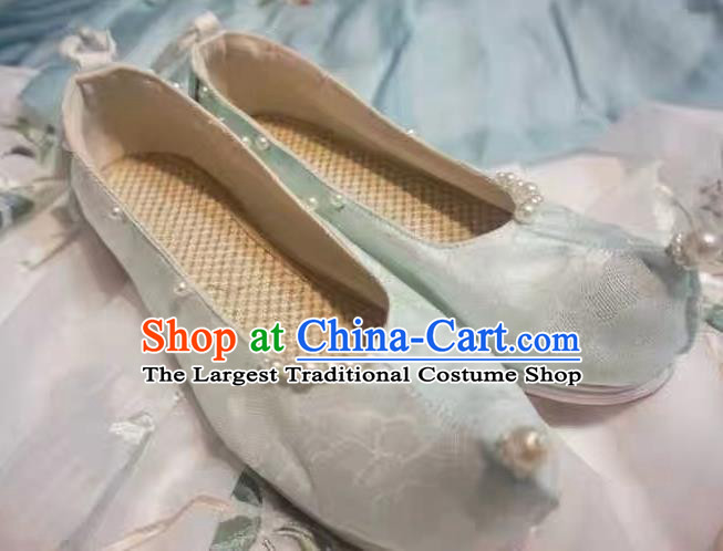 China Hanfu Pearls Shoes Traditional Ancient Ming Dynasty Princess Shoes Handmade Wedding Light Blue Brocade Shoes