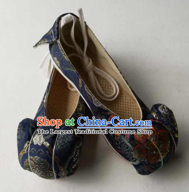 China Handmade Shoes Ancient Princess Hanfu Shoes Traditional Song Dynasty Navy Brocade Shoes
