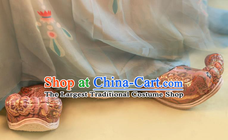 China Pink Satin Shoes Traditional Song Dynasty Wedding Shoes Handmade Ancient Princess Shoes