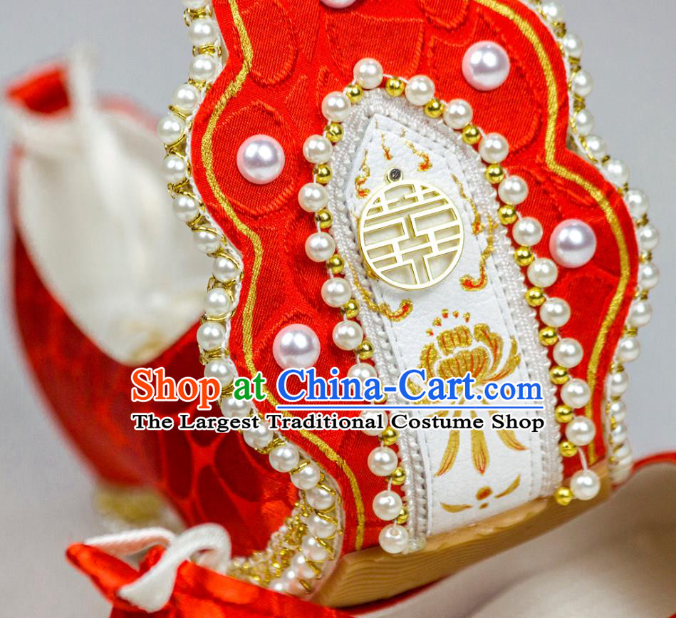 China Hanfu Wedding Shoes Traditional Song Dynasty Princess Pearls Shoes Classical Red Brocade Shoes