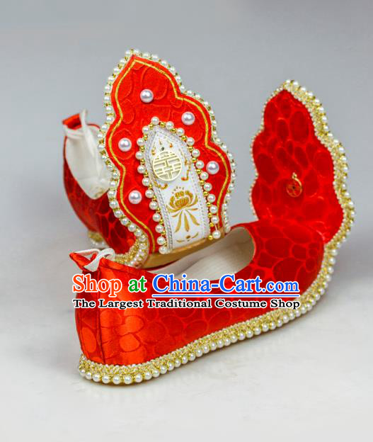 China Hanfu Wedding Shoes Traditional Song Dynasty Princess Pearls Shoes Classical Red Brocade Shoes