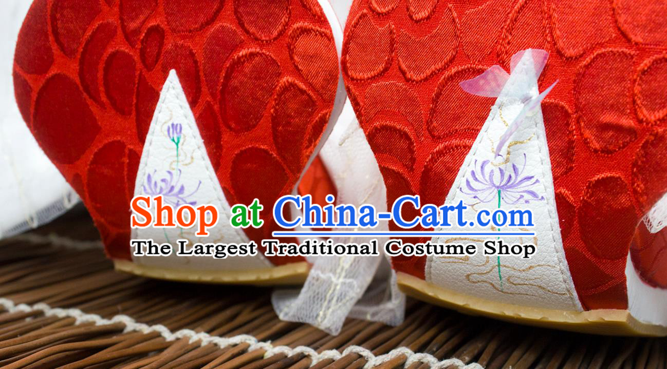 China Hanfu Hand Painting Manjusaka Shoes Classical Red Brocade Shoes Traditional Tang Dynasty Princess Shoes
