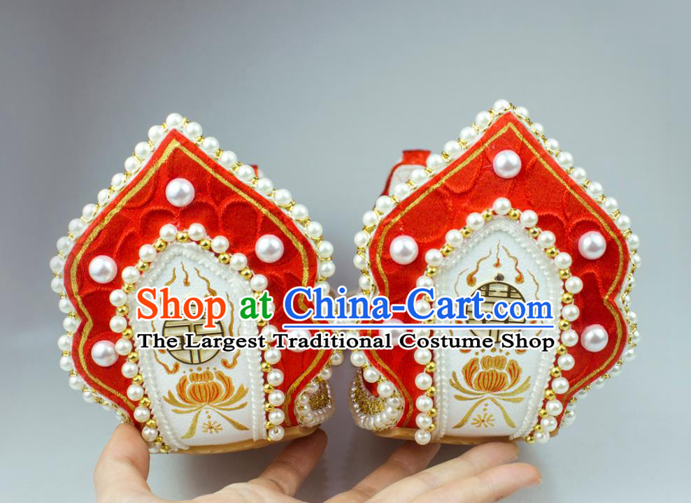 China Classical Wedding Pearls Shoes Red Brocade Hanfu Shoes Traditional Song Dynasty Princess Shoes