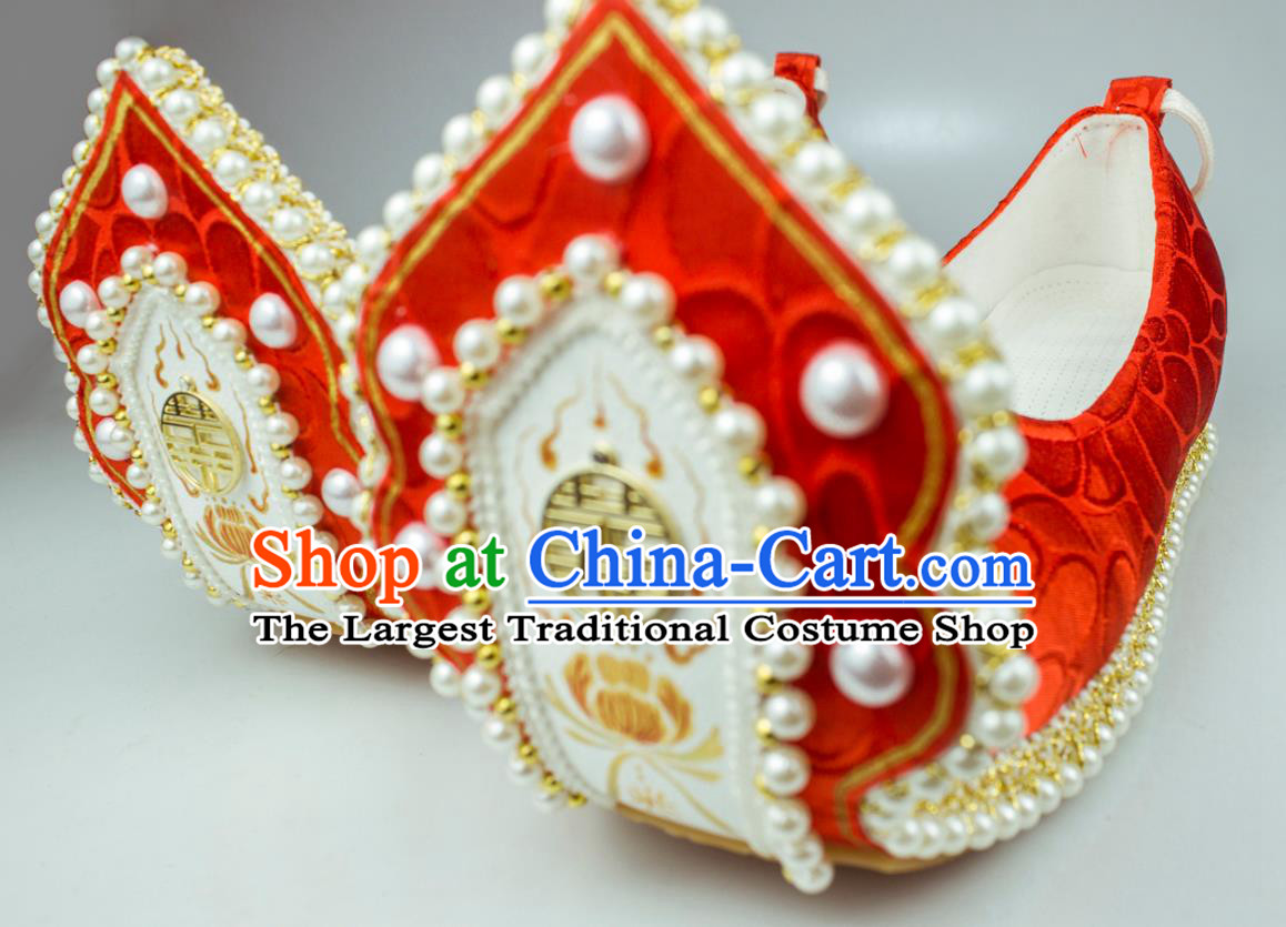 China Classical Wedding Pearls Shoes Red Brocade Hanfu Shoes Traditional Song Dynasty Princess Shoes