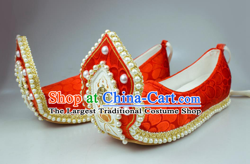 China Traditional Song Dynasty Princess Shoes Classical Wedding Pearls Shoes Red Brocade Hanfu Shoes