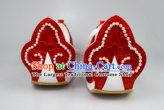 China Traditional Tang Dynasty Princess Shoes Classical Wedding Red Brocade Shoes Hanfu Beads Shoes