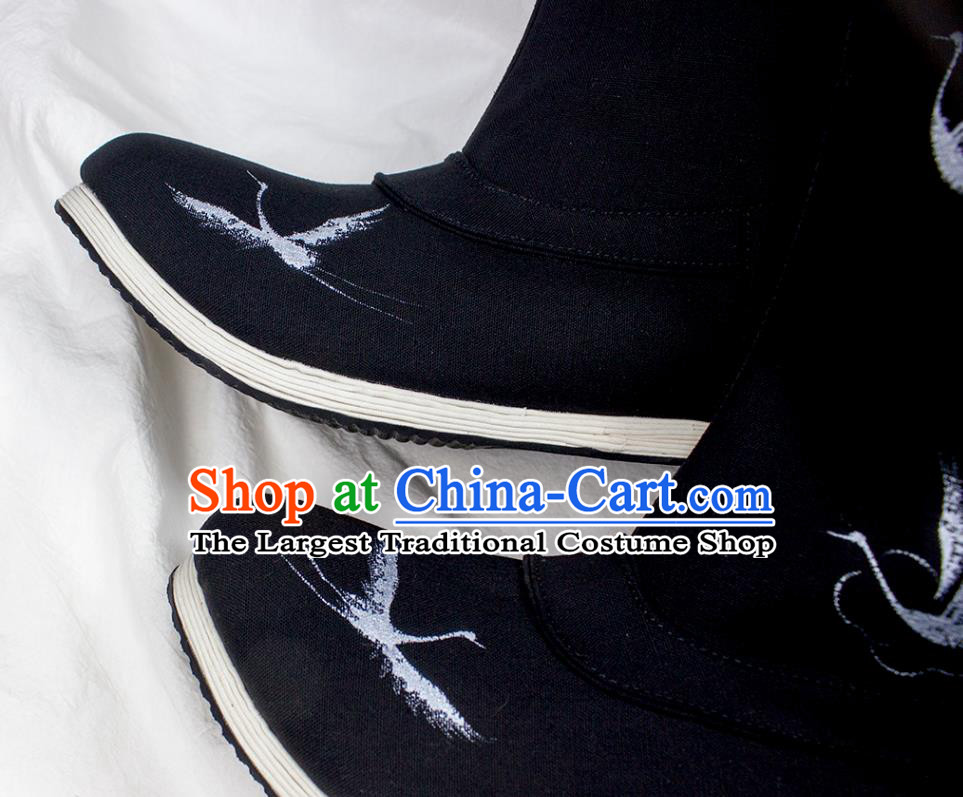 Chinese Traditional Ming Dynasty Swordsman Shoes Handmade Ancient Imperial Guard Painting Cranes Black Boots
