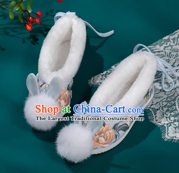 China Ming Dynasty Princess Shoes Classical Blue Brocade Shoes Traditional Embroidered Hanfu Shoes