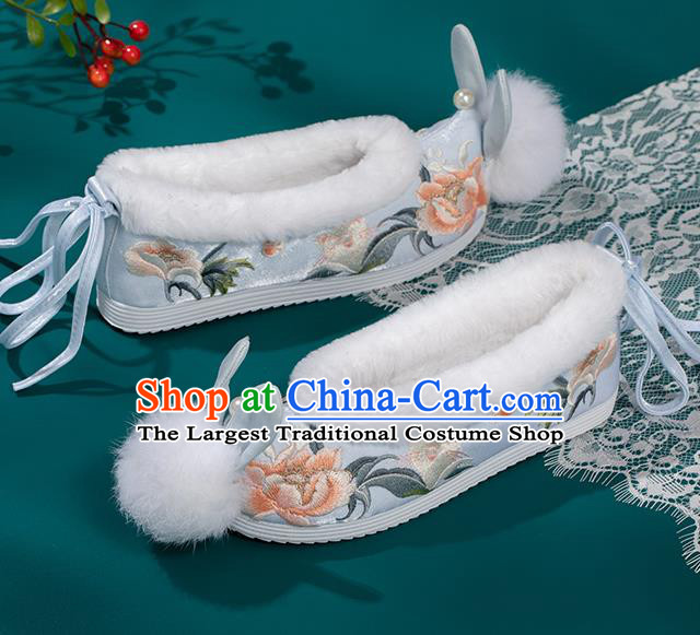 China Ming Dynasty Princess Shoes Classical Blue Brocade Shoes Traditional Embroidered Hanfu Shoes