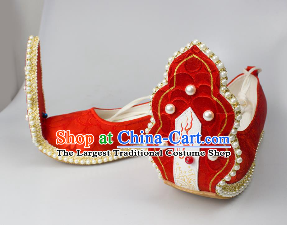 China Tang Dynasty Princess Shoes Classical Red Brocade Shoes Traditional Wedding Hanfu Pearls Shoes