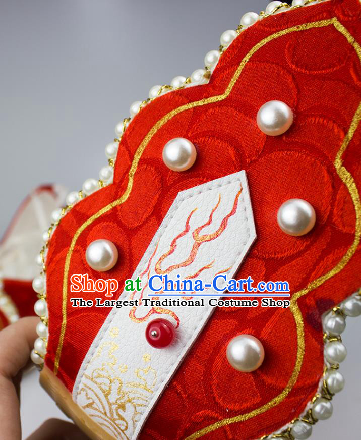 China Tang Dynasty Princess Shoes Classical Red Brocade Shoes Traditional Wedding Hanfu Pearls Shoes