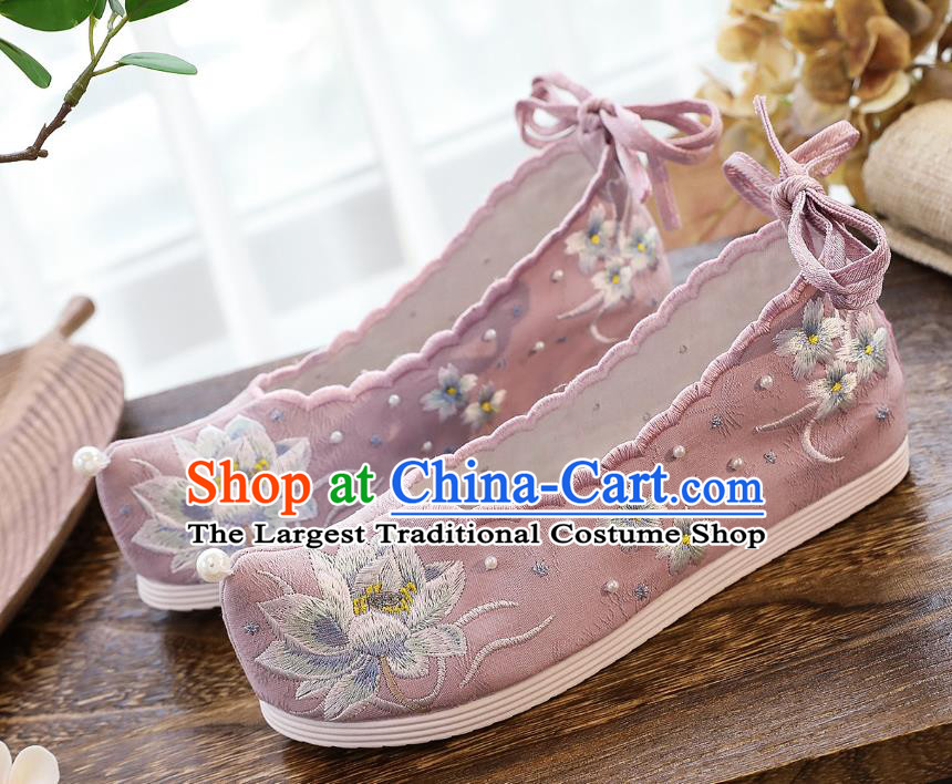 China Traditional Pink Cloth Shoes Classical Embroidered Lotus Shoes Hanfu Bow Shoes