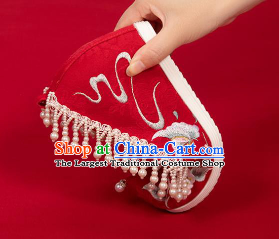 China Classical Embroidered Shoes Hanfu Bow Shoes Traditional Wedding Red Cloth Shoes