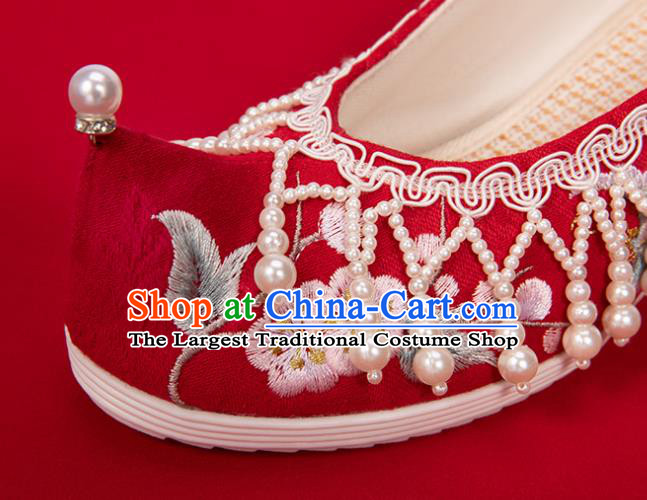 China Classical Embroidered Shoes Hanfu Bow Shoes Traditional Wedding Red Cloth Shoes