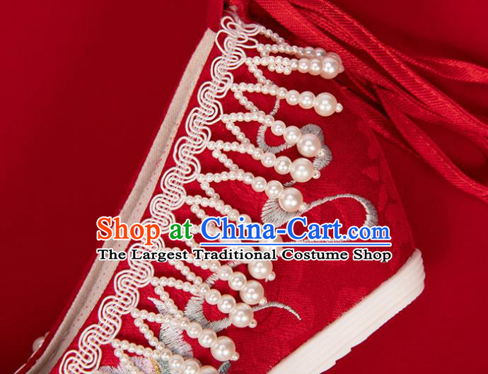 China Classical Embroidered Shoes Hanfu Bow Shoes Traditional Wedding Red Cloth Shoes