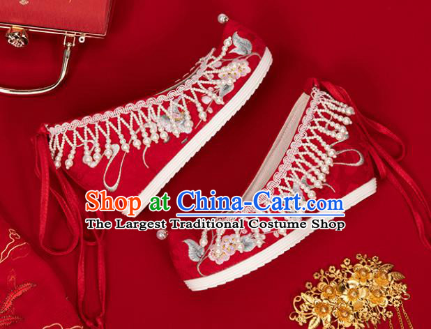 China Classical Embroidered Shoes Hanfu Bow Shoes Traditional Wedding Red Cloth Shoes