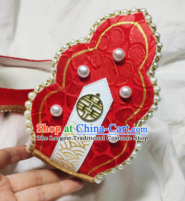 China Classical Red Brocade Shoes Hanfu Pearls Shoes Traditional Song Dynasty Wedding Shoes