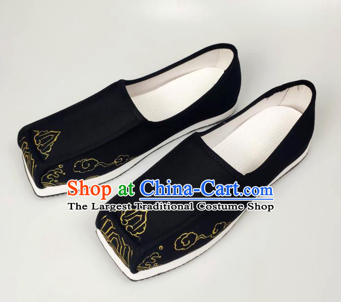 Chinese Handmade Ancient Scholar Black Cloth Shoes Traditional Ming Dynasty Embroidered Shoes