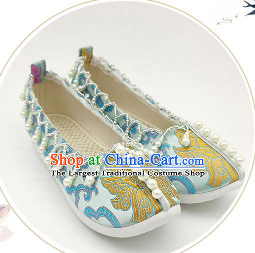 China Handmade Light Blue Brocade Shoes Traditional Song Dynasty Princess Shoes Classical Pearls Shoes