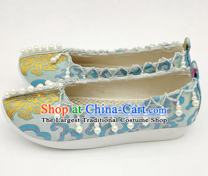 China Handmade Light Blue Brocade Shoes Traditional Song Dynasty Princess Shoes Classical Pearls Shoes