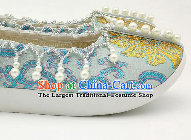 China Handmade Light Blue Brocade Shoes Traditional Song Dynasty Princess Shoes Classical Pearls Shoes